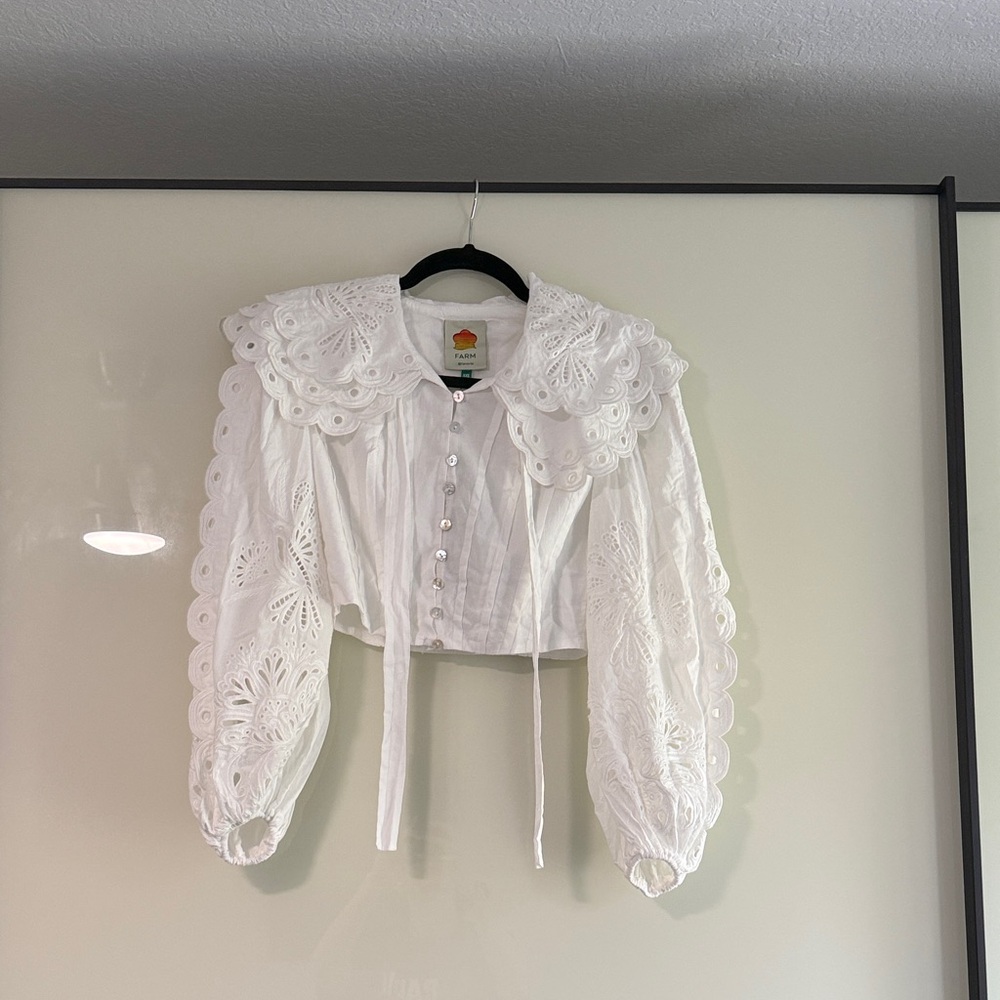 Farm Rio White Lace Button-Up Crop Top